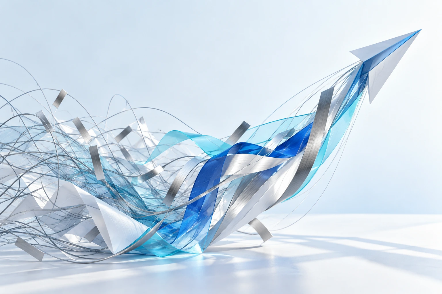 Graphite lines, translucent blue ribbons, silver slivers and folded white forms gathering into a single upward trajectory.